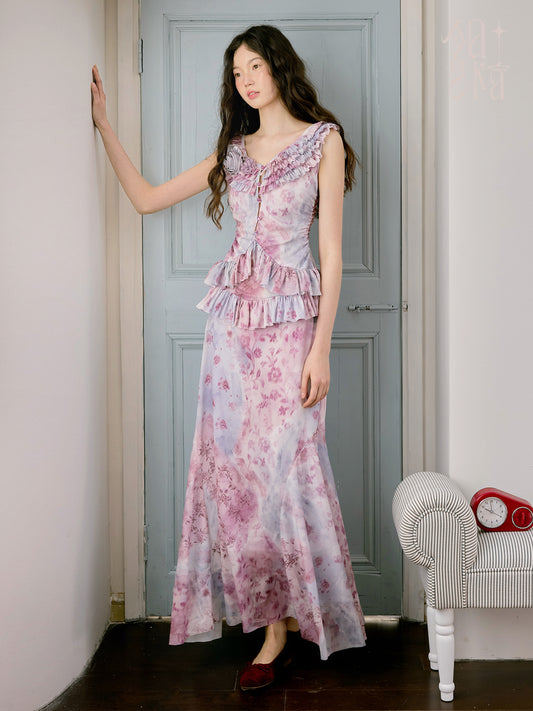 Gradient Floral Sleeveless Dress With Ruffled Details