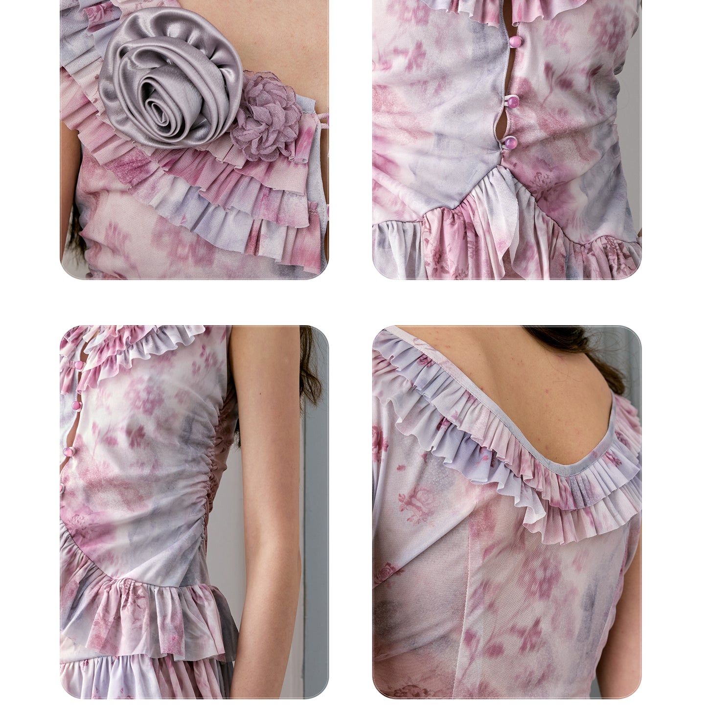 Gradient Floral Sleeveless Dress With Ruffled Details