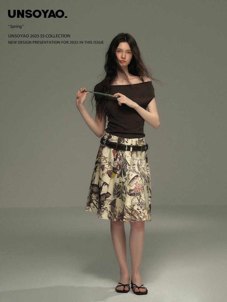 Botanical Midi Pleated Skirt With Belt
