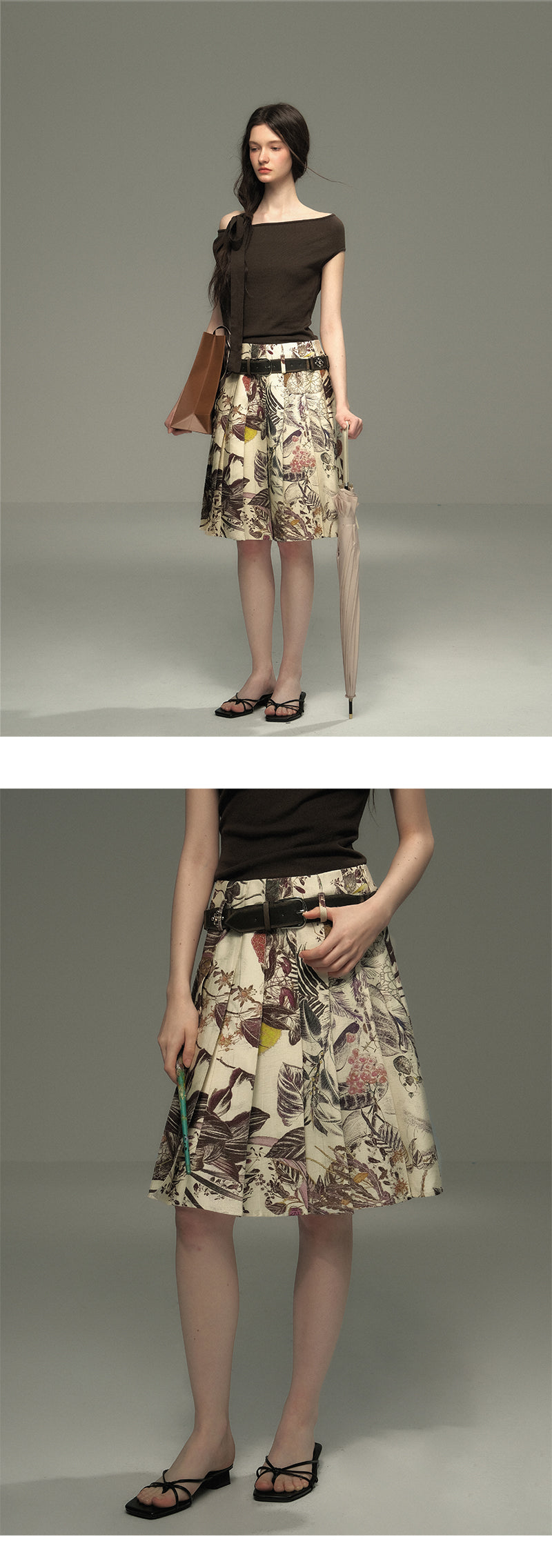 Botanical Midi Pleated Skirt With Belt