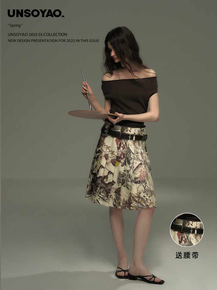 Botanical Midi Pleated Skirt With Belt