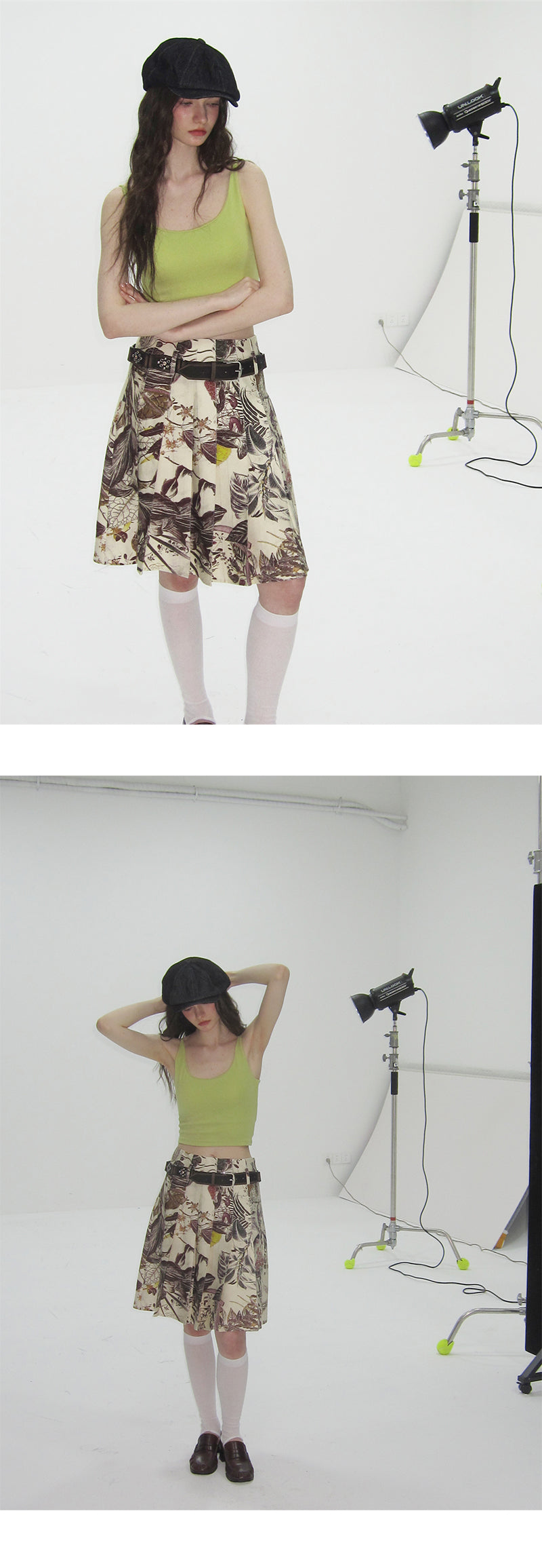 Botanical Midi Pleated Skirt With Belt