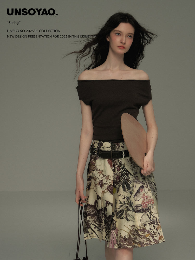 Botanical Midi Pleated Skirt With Belt