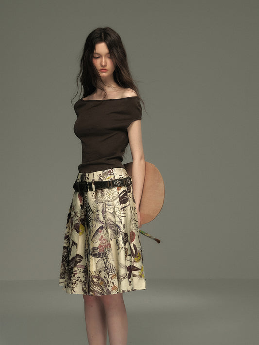 Botanical Midi Pleated Skirt With Belt