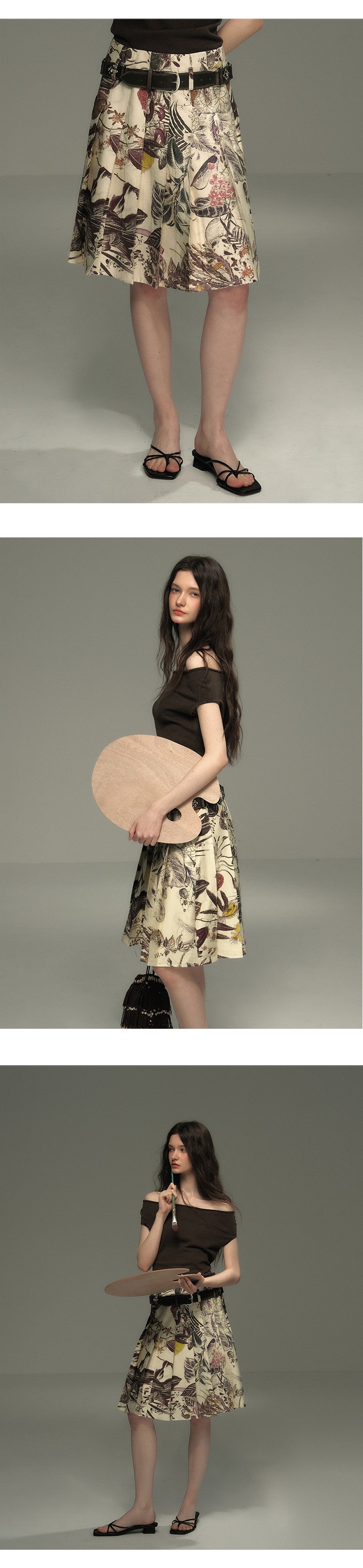 Botanical Midi Pleated Skirt With Belt