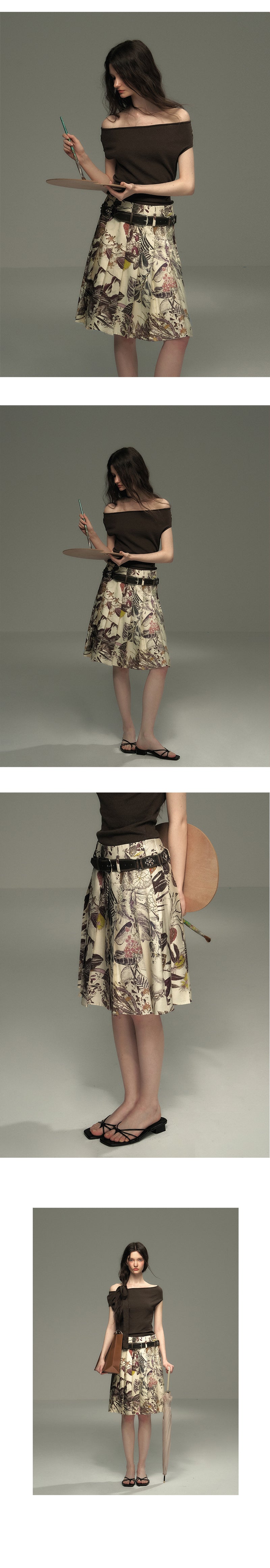 Botanical Midi Pleated Skirt With Belt