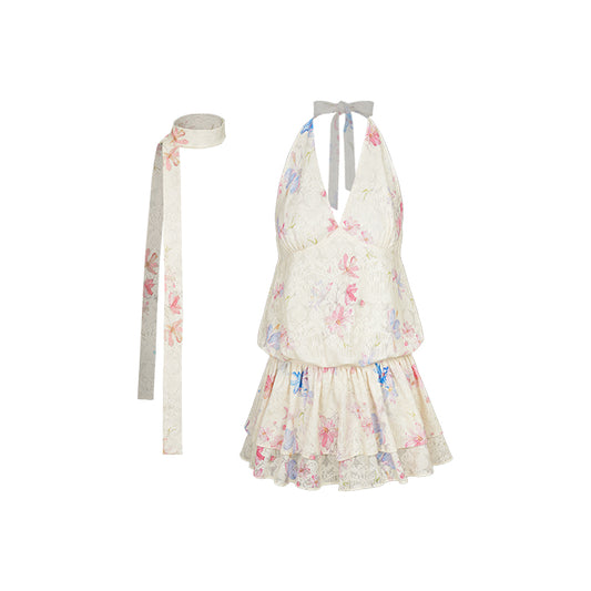 Floral Halter Dress With Cinched Waist