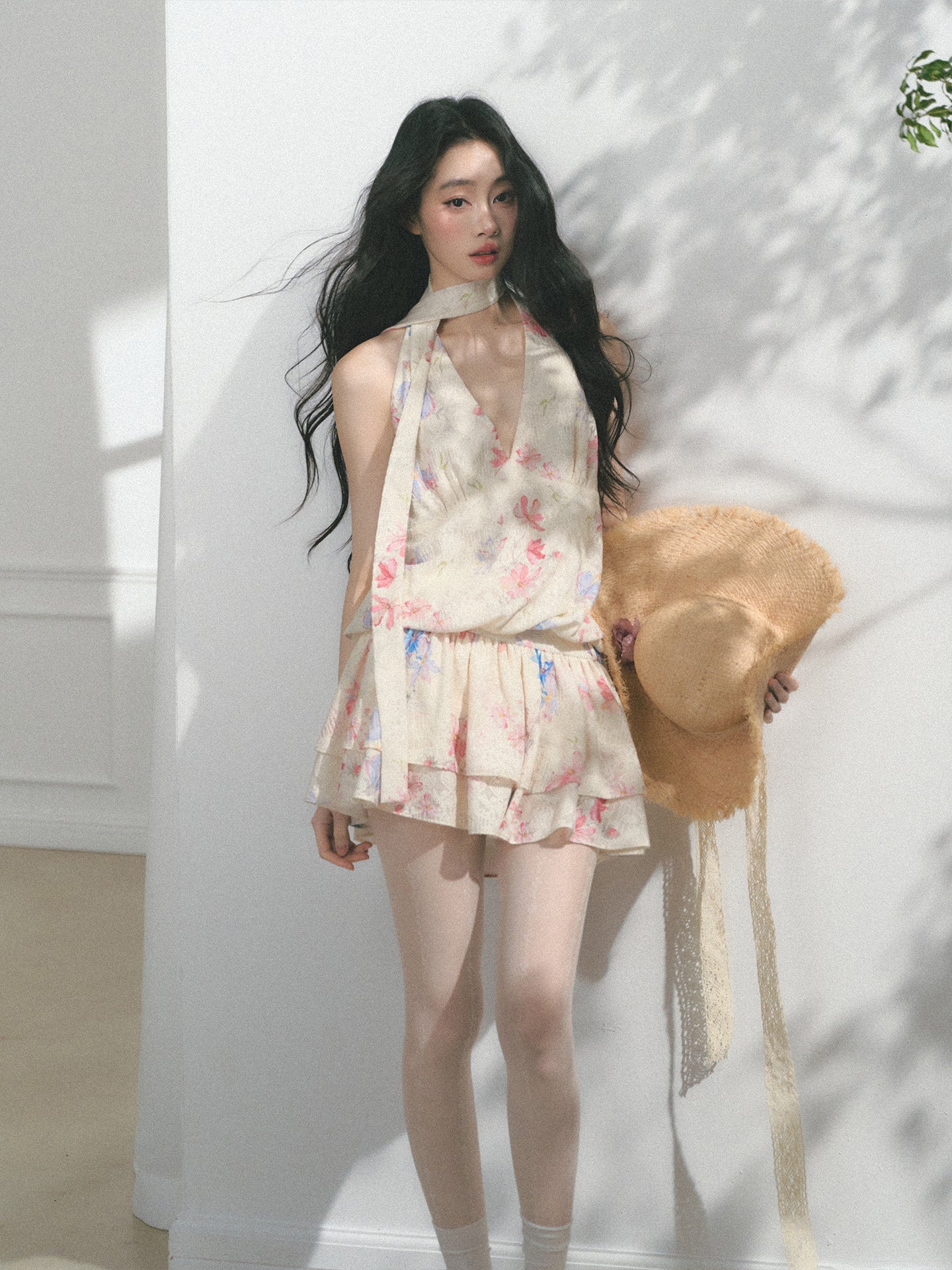 Floral Halter Dress With Cinched Waist
