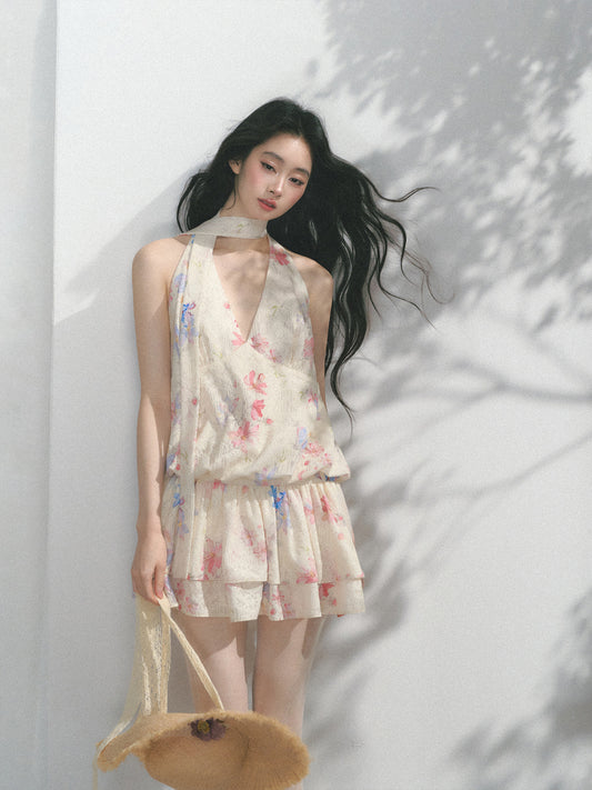 Floral Halter Dress With Cinched Waist