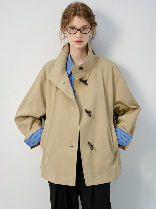 Stand Collar Jacket With Horn Toggle Closures
