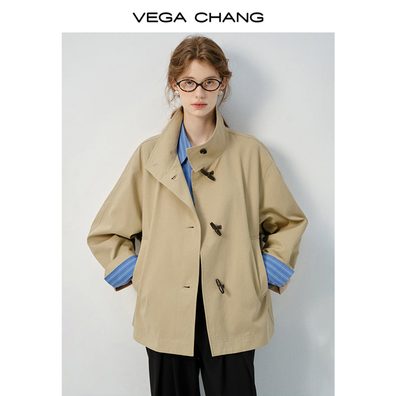 Stand Collar Jacket With Horn Toggle Closures