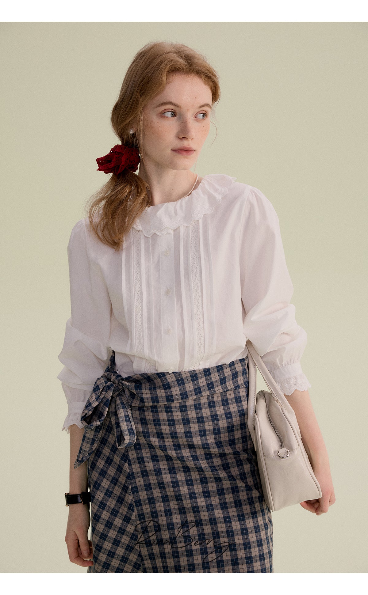 Scalloped Lace Collar Blouse With Pleated Front