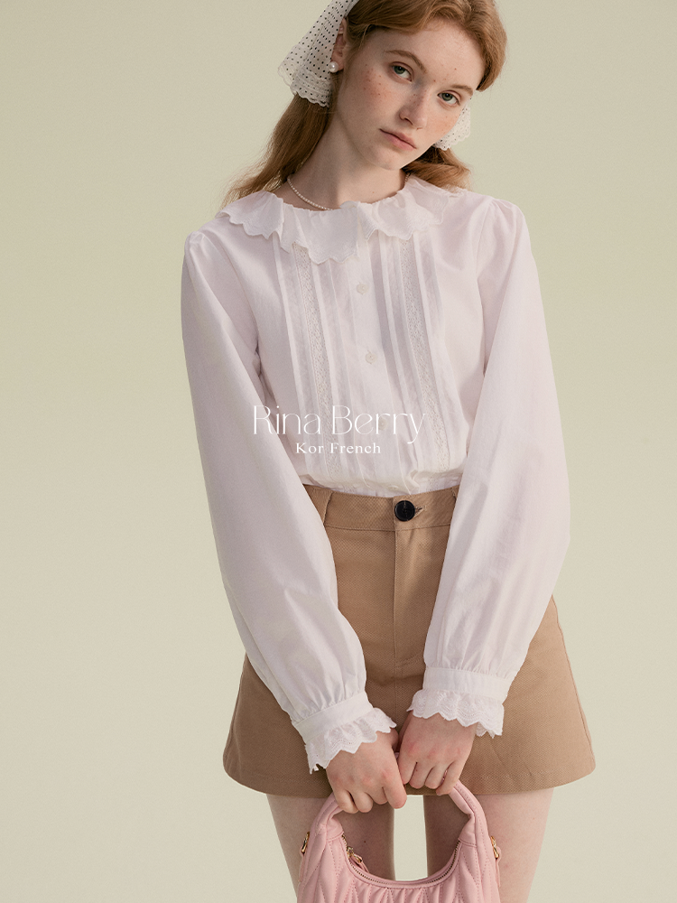 Scalloped Lace Collar Blouse With Pleated Front