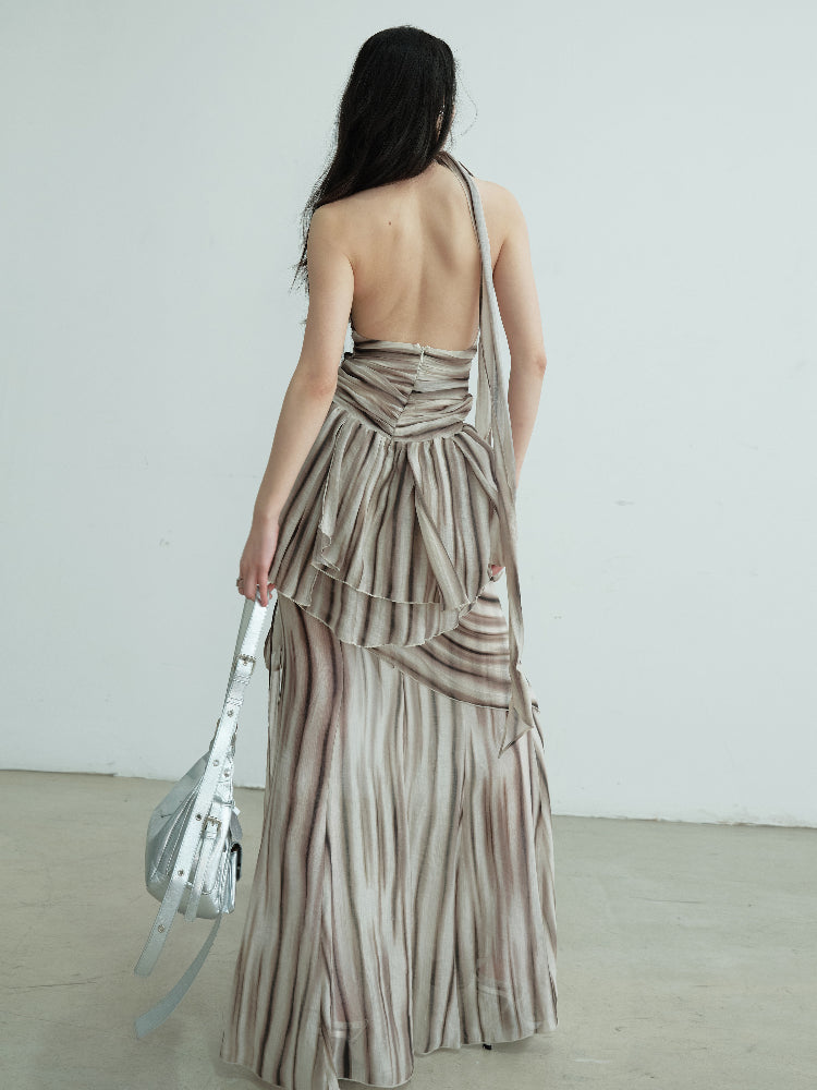 Striped Print Backless Halter Two-Piece Dress