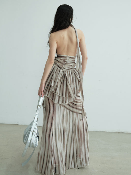 Striped Print Backless Halter Two-Piece Dress