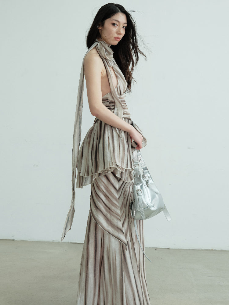 Striped Print Backless Halter Two-Piece Dress