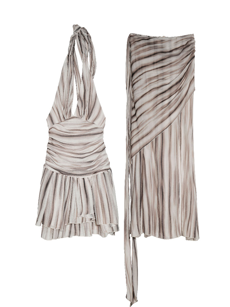 Striped Print Backless Halter Two-Piece Dress