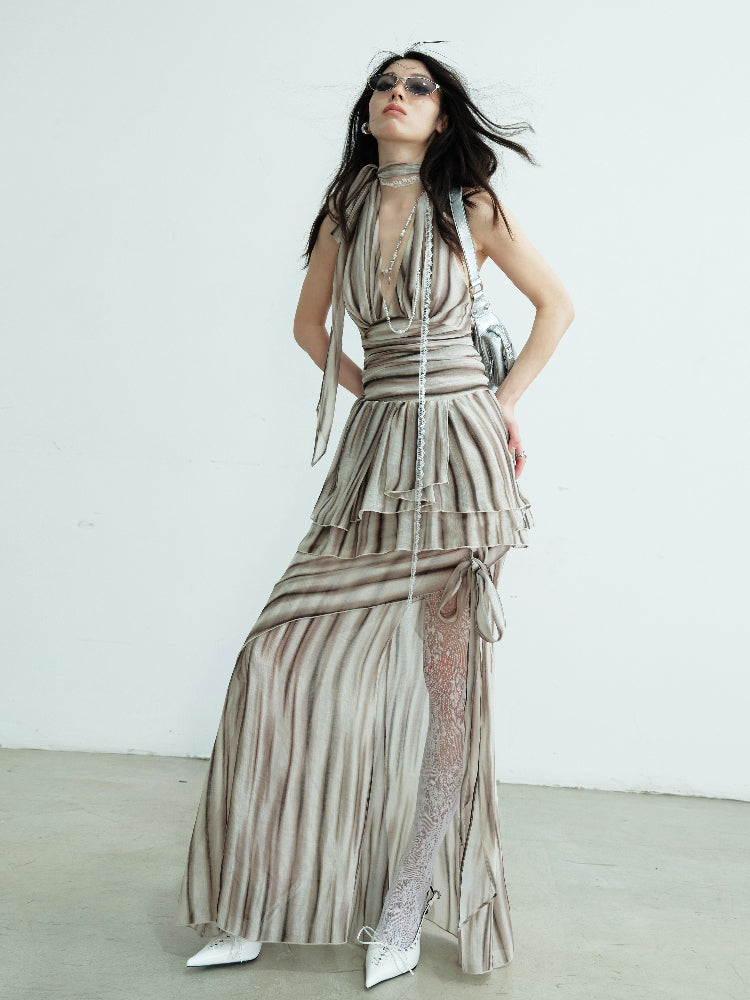 Striped Print Backless Halter Two-Piece Dress
