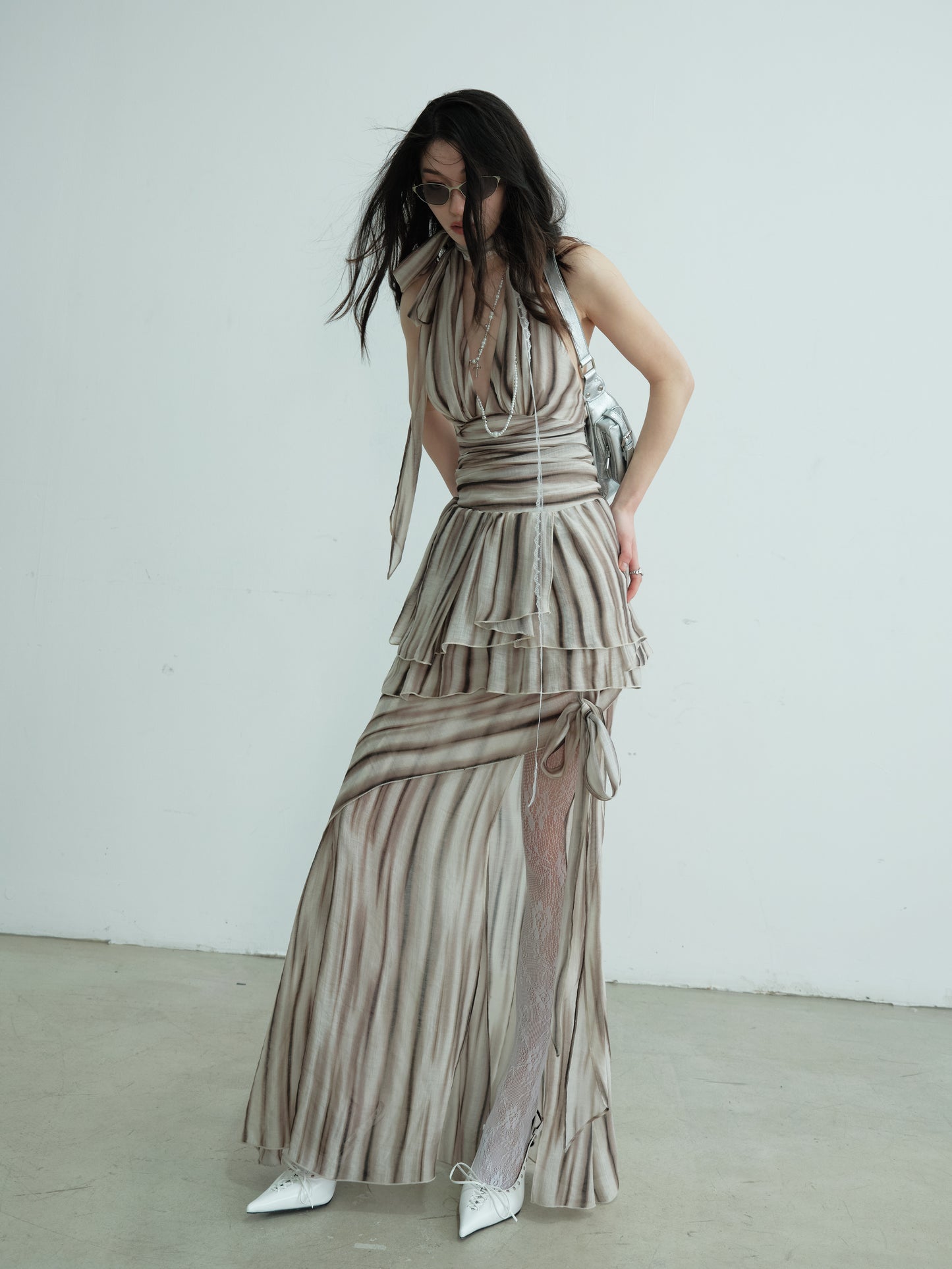 Striped Print Backless Halter Two-Piece Dress