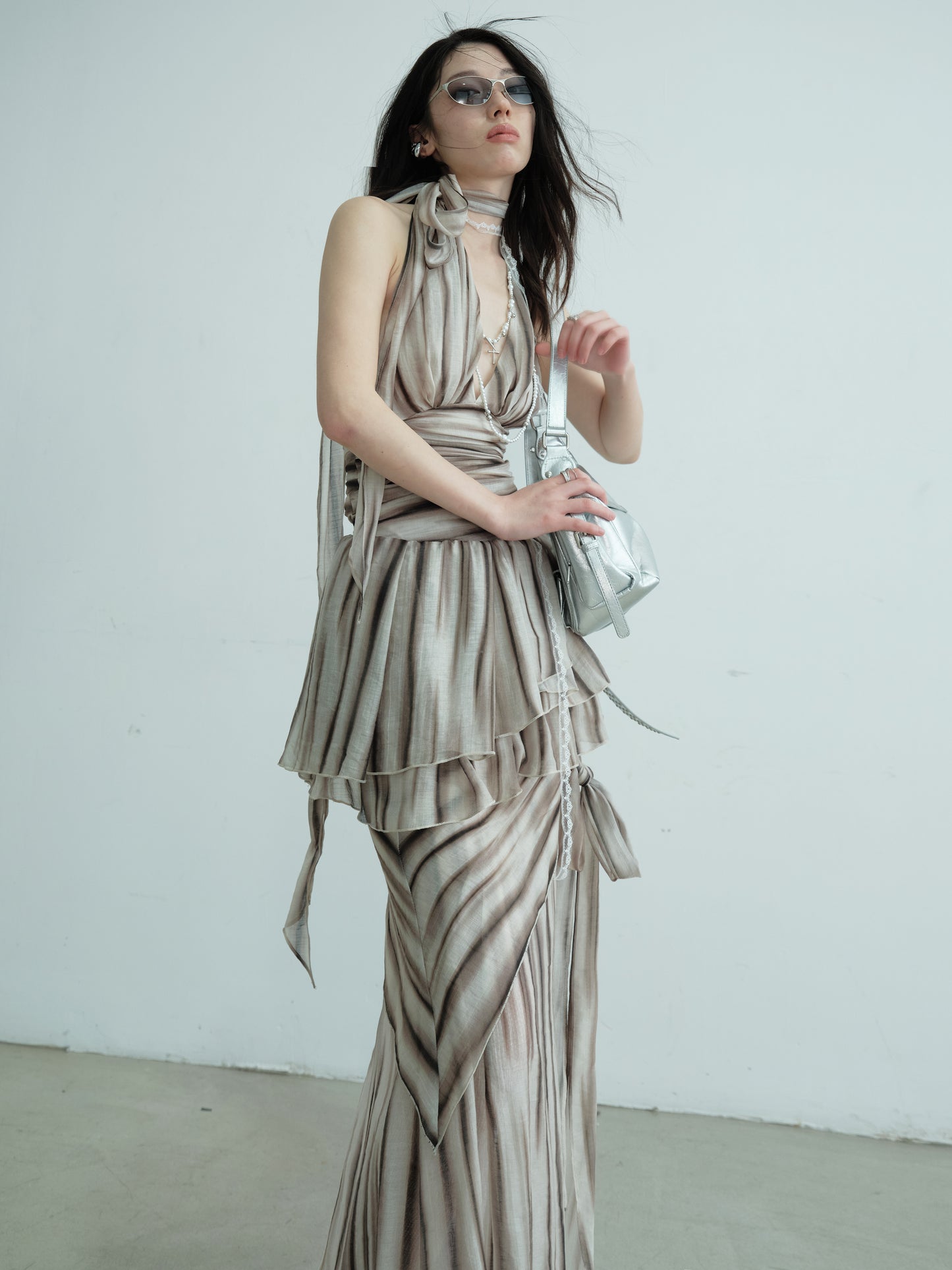 Striped Print Backless Halter Two-Piece Dress