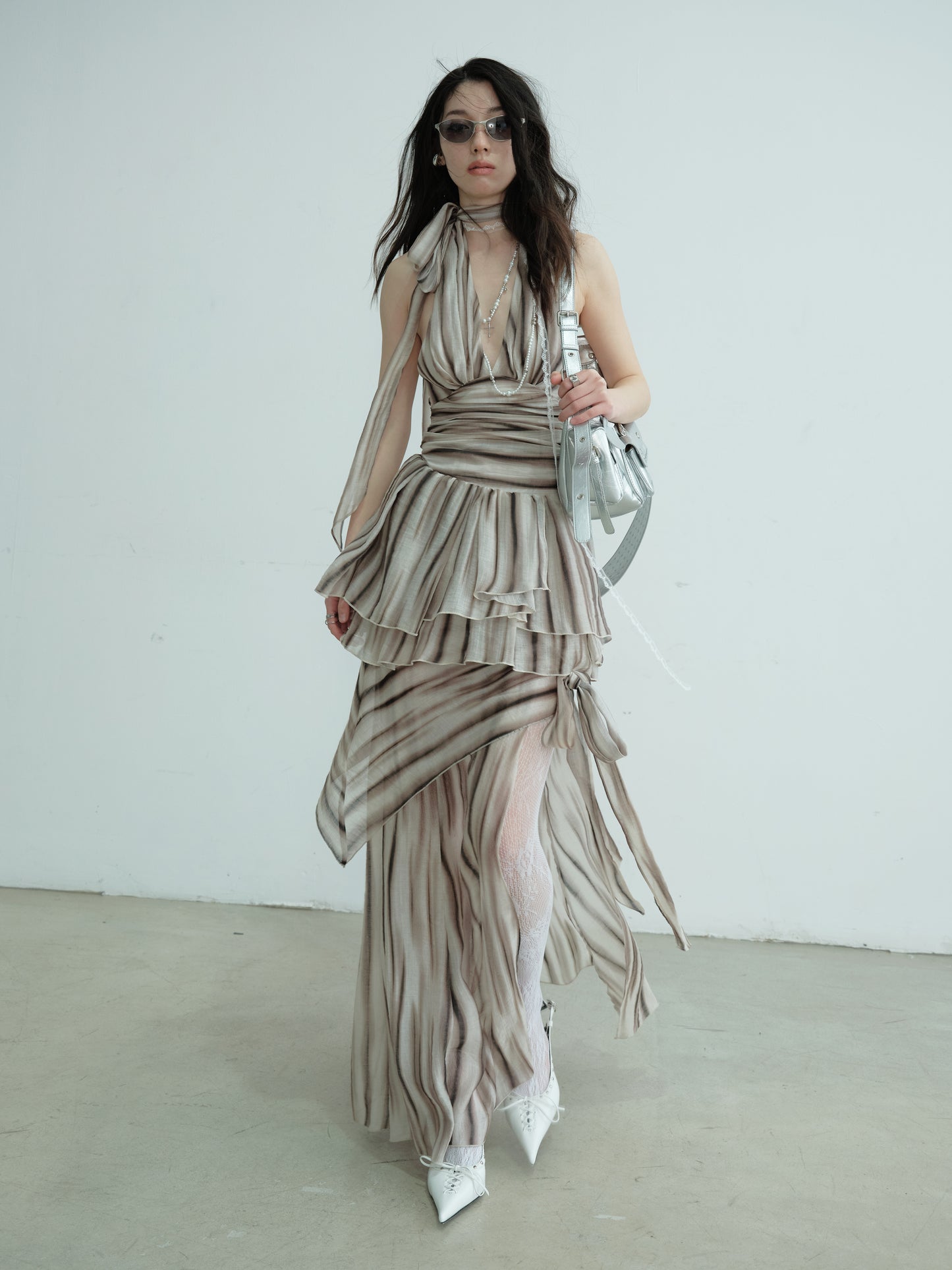 Striped Print Backless Halter Two-Piece Dress