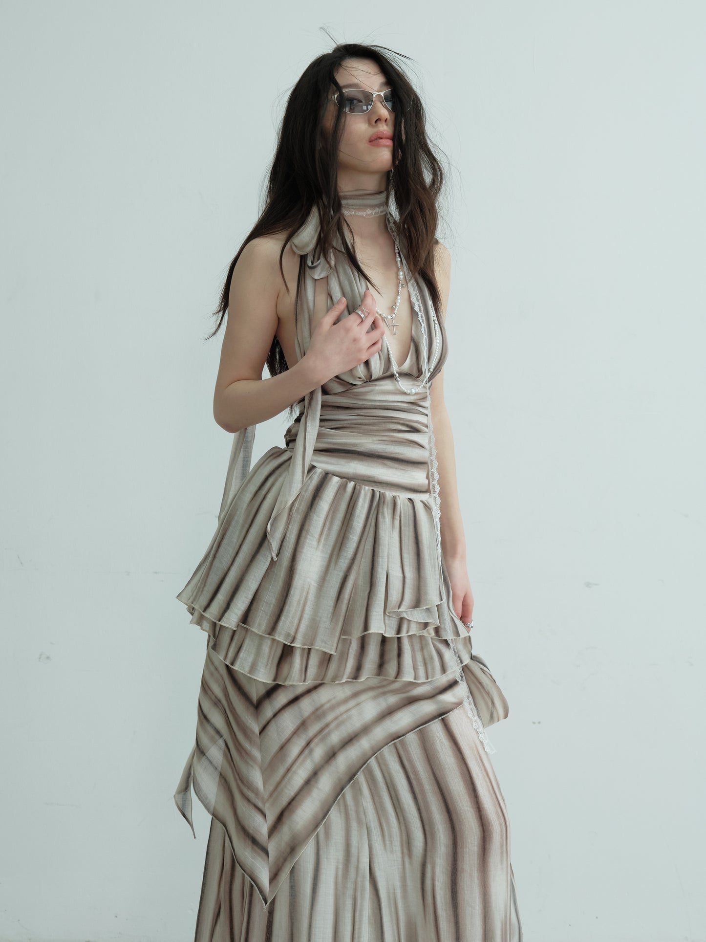 Striped Print Backless Halter Two-Piece Dress