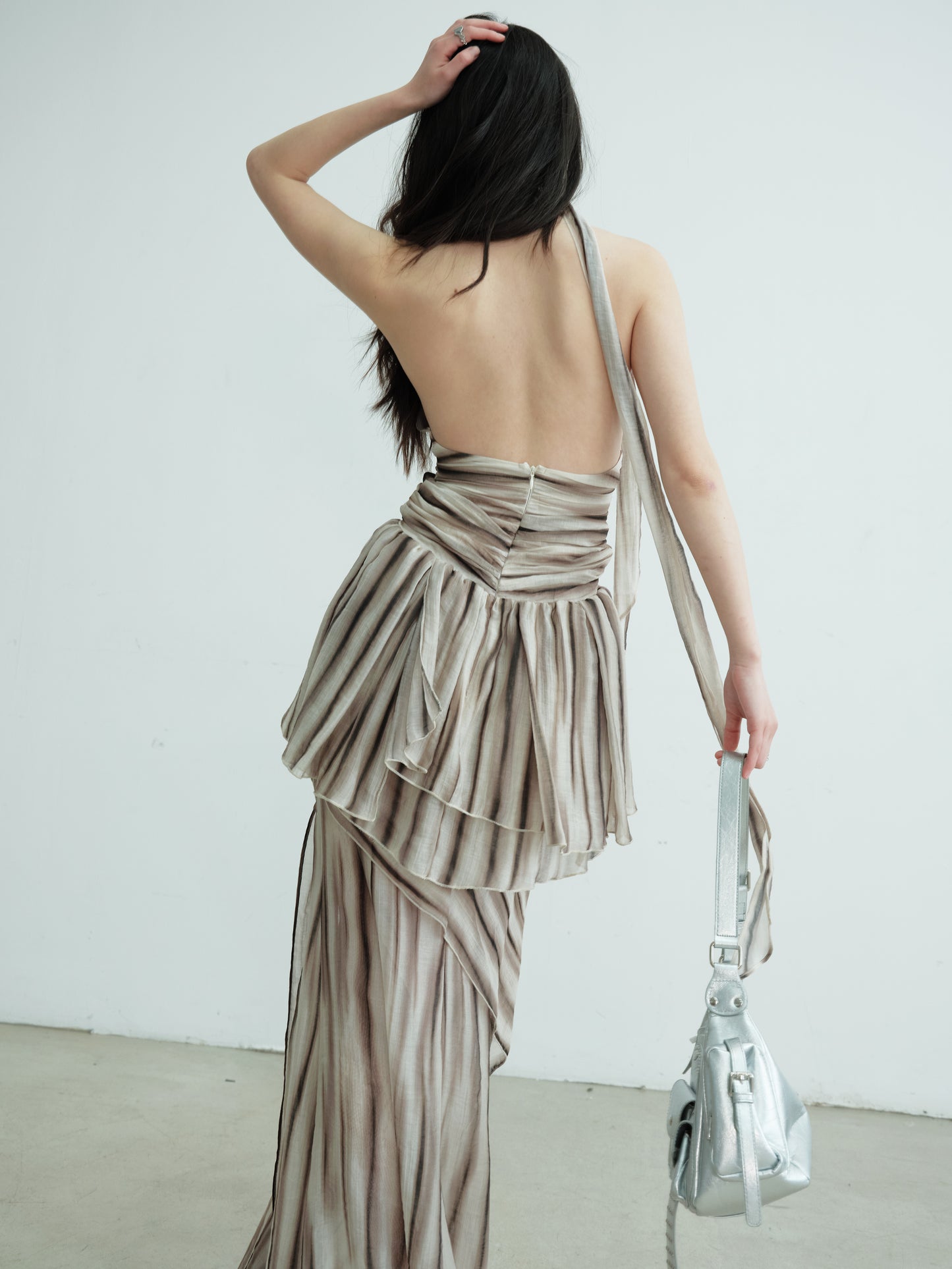 Striped Print Backless Halter Two-Piece Dress