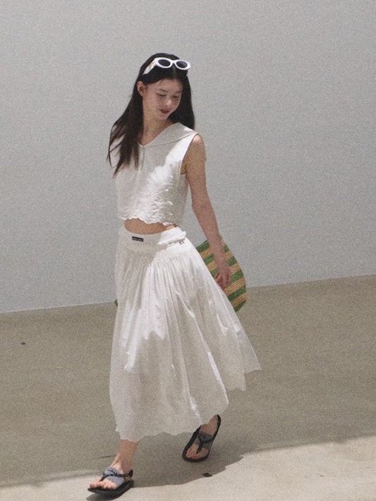 Sailor Collar Crop Shirt & Gathered Skirt