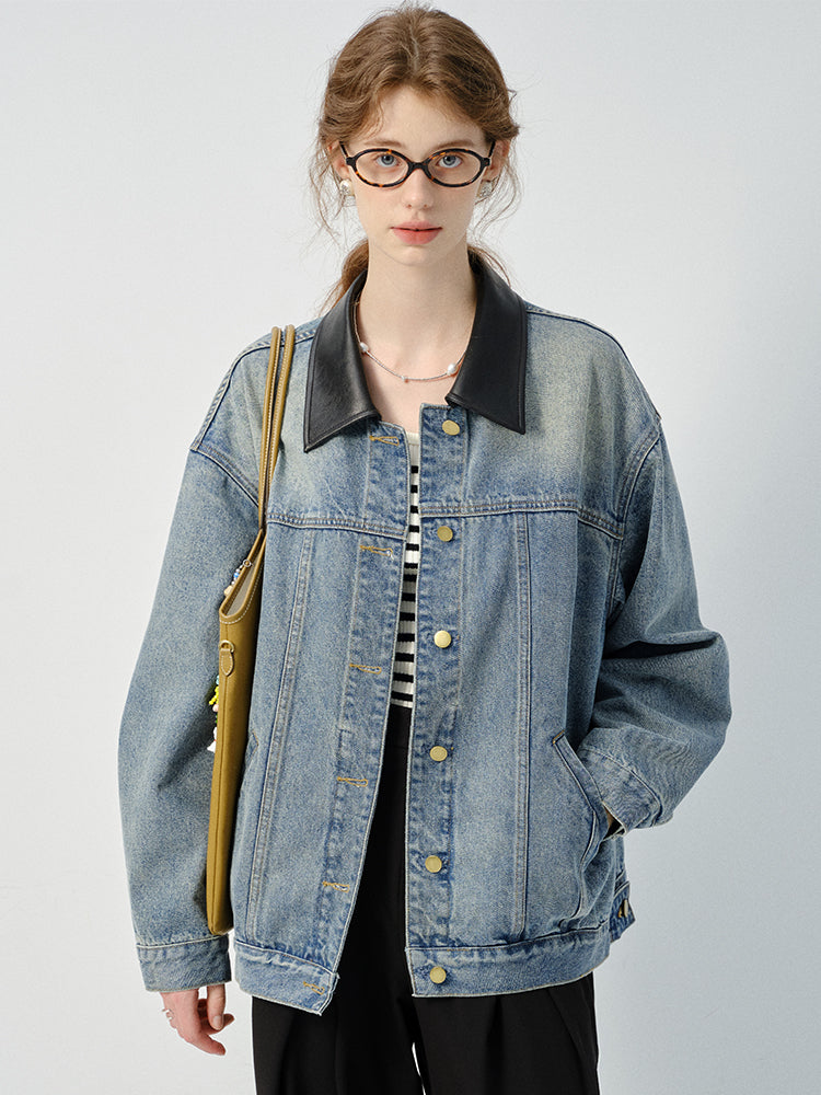 Denim Jacket With Contrasting Faux Leather Collar