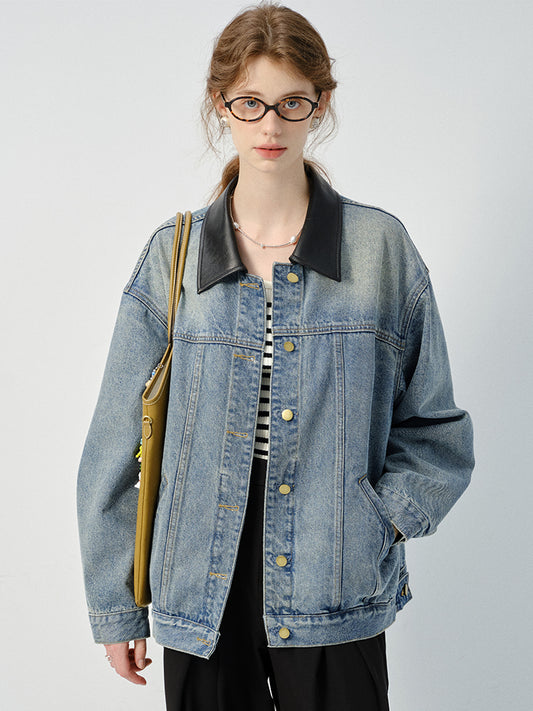 Denim Jacket With Contrasting Faux Leather Collar