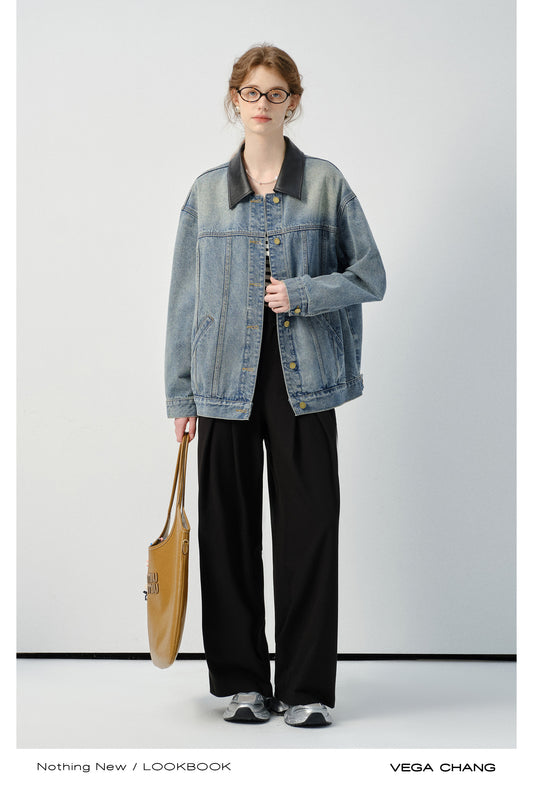 Denim Jacket With Contrasting Faux Leather Collar