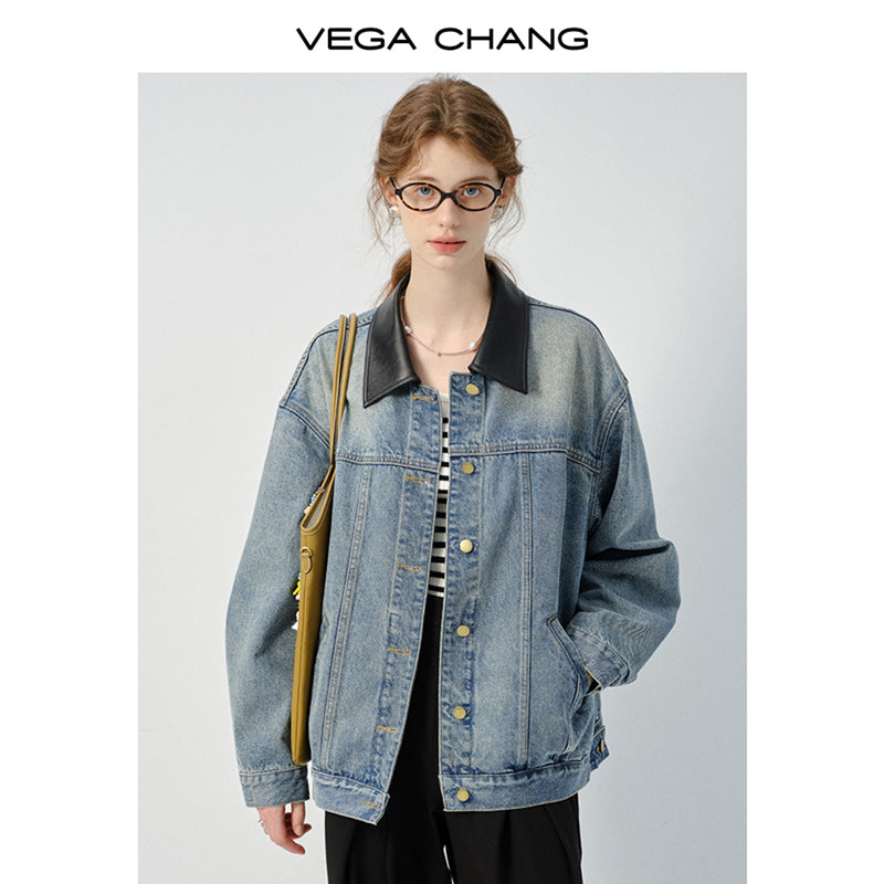 Denim Jacket With Contrasting Faux Leather Collar