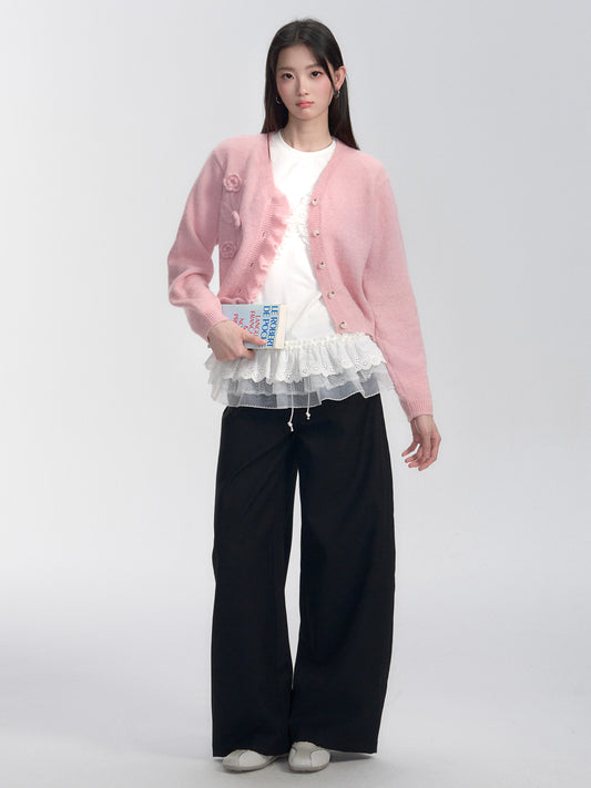 Wool Blend Cardigan With Crochet Flowers