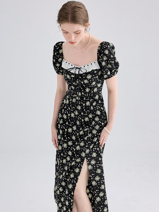 Scalloped Lace Floral Puff-Sleeve Dress