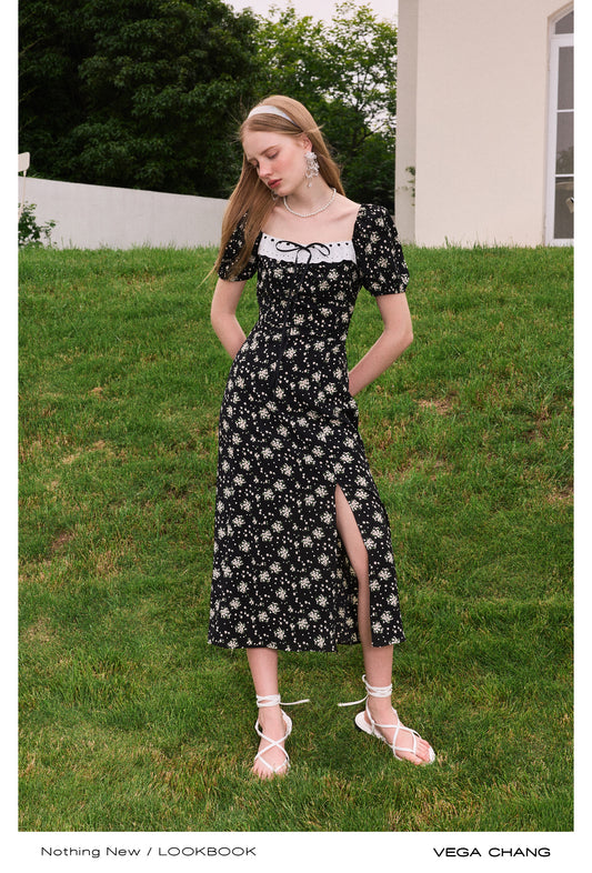 Scalloped Lace Floral Puff-Sleeve Dress