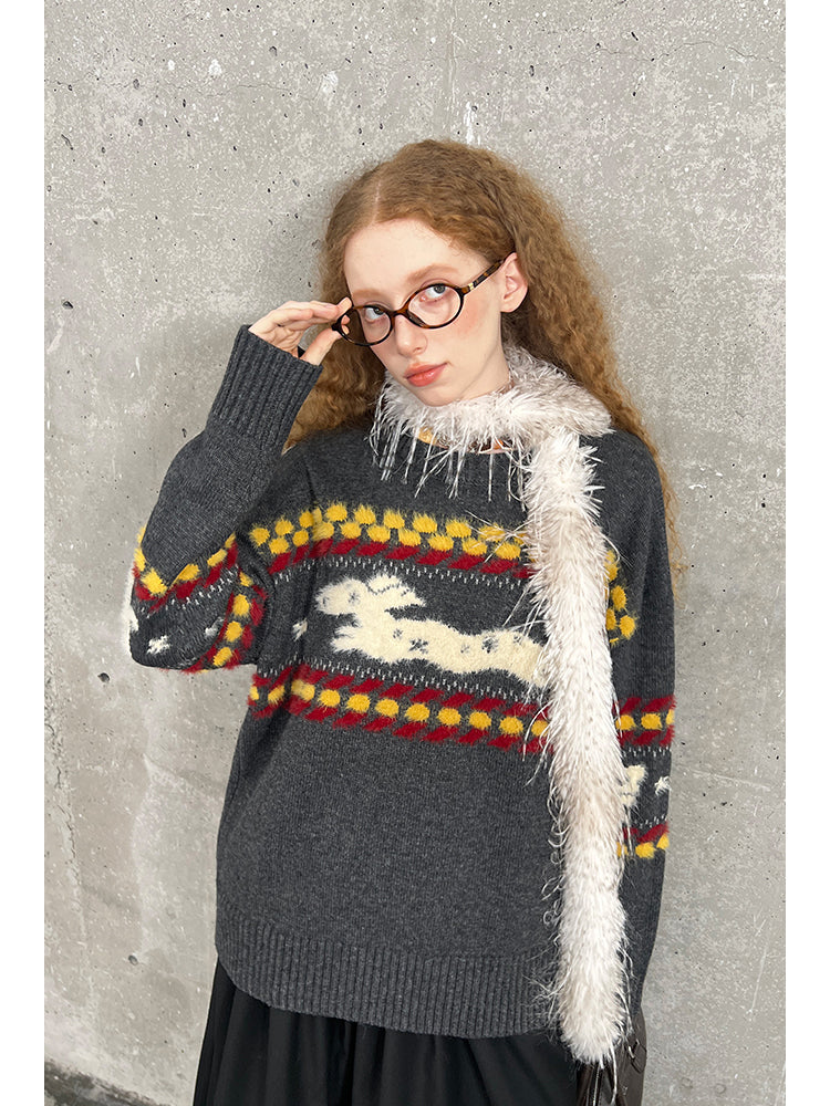 Shaggy Playful Patterned Knit Pullover