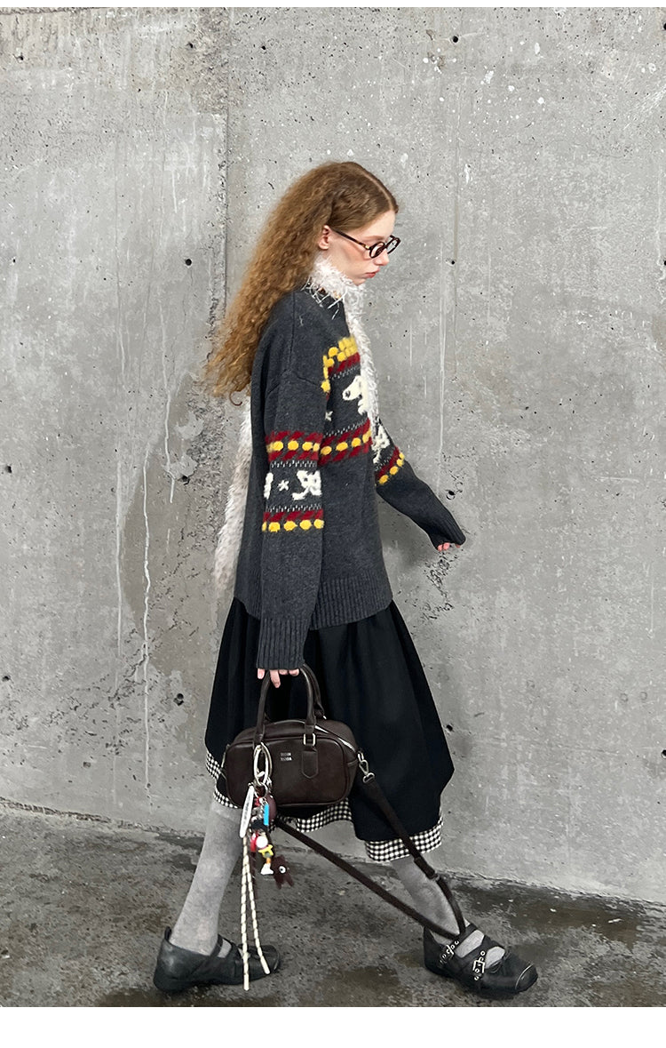 Shaggy Playful Patterned Knit Pullover