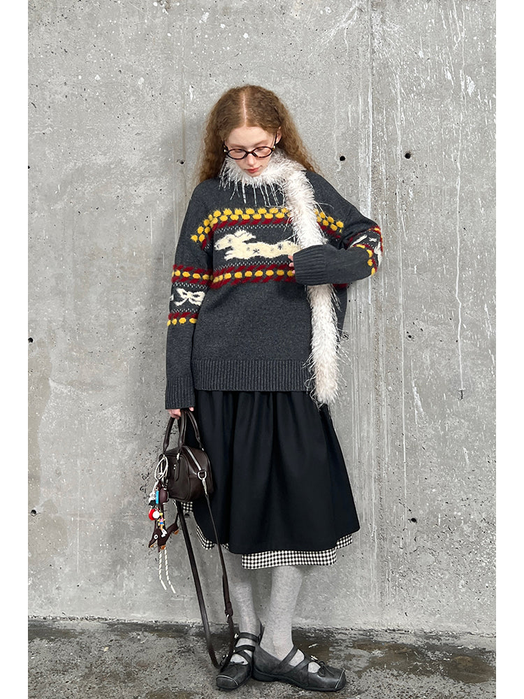 Shaggy Playful Patterned Knit Pullover