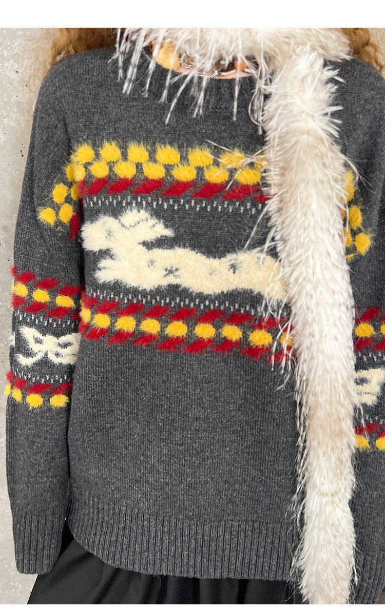 Shaggy Playful Patterned Knit Pullover