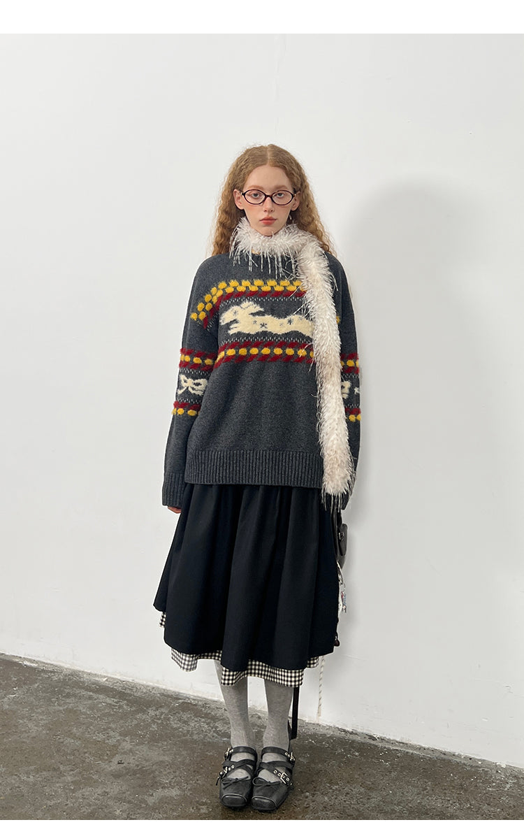 Shaggy Playful Patterned Knit Pullover