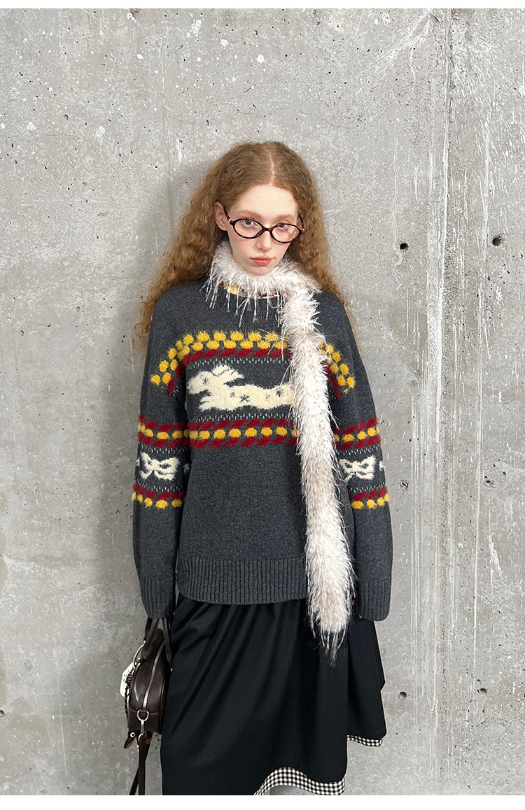 Shaggy Playful Patterned Knit Pullover