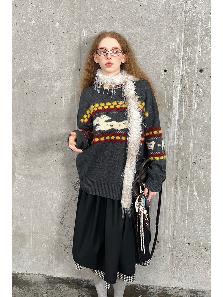 Shaggy Playful Patterned Knit Pullover