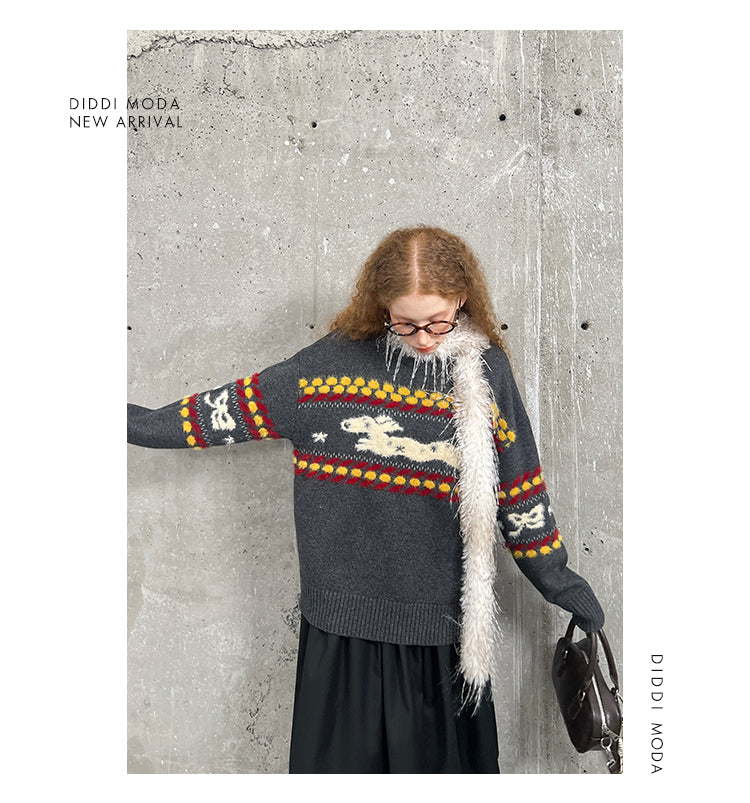 Shaggy Playful Patterned Knit Pullover