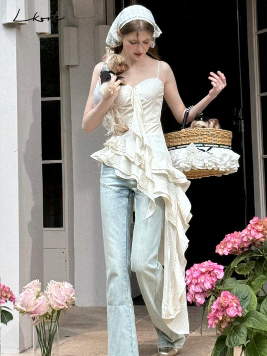 Polka Dot Asymmetrical Ruffled Cami Top