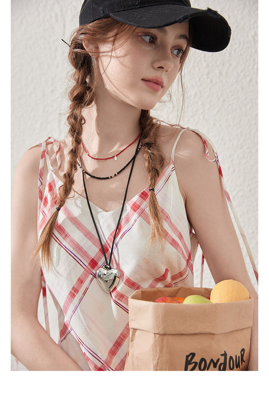 Voluminous Cotton Plaid Tie Strap Asymmetrical Dress