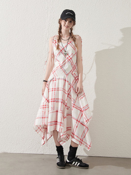 Voluminous Cotton Plaid Tie Strap Asymmetrical Dress