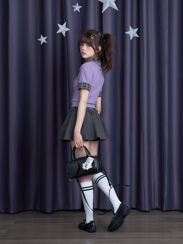 Plaid Double-Waist Flare Micro Mini Skirt