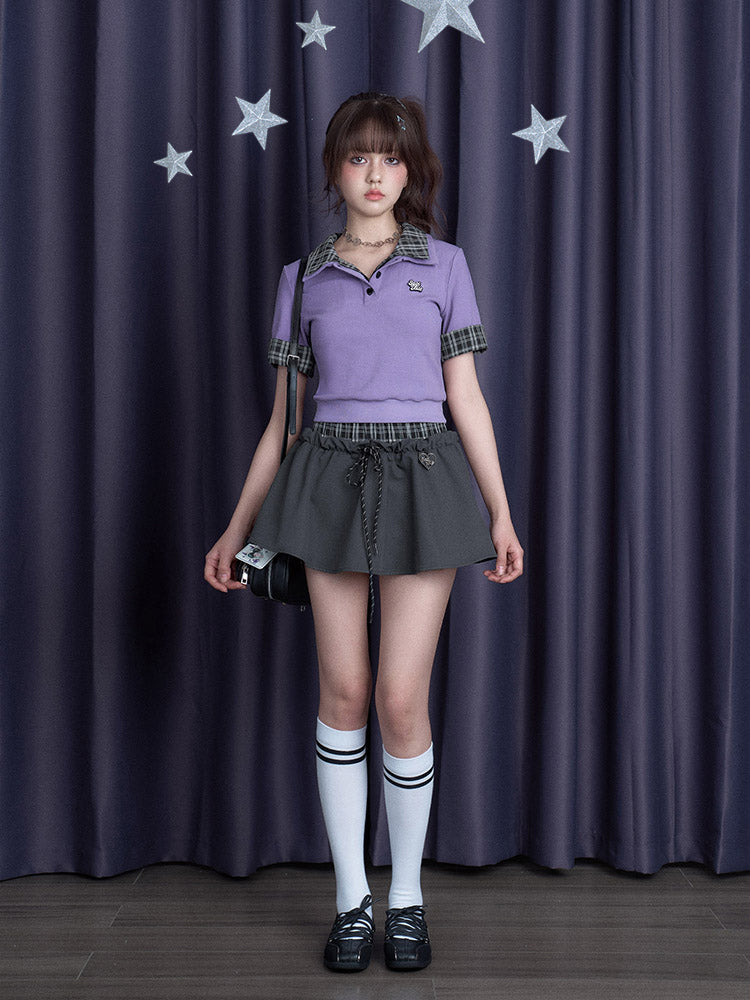 Plaid Double-Waist Flare Micro Mini Skirt