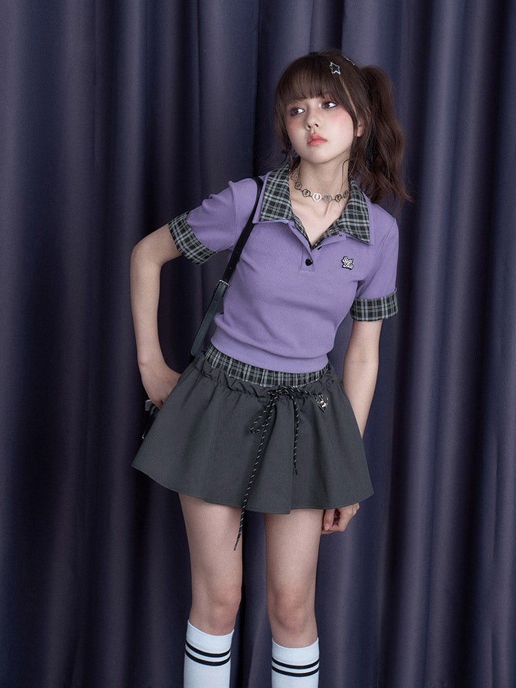 Plaid Double-Waist Flare Micro Mini Skirt