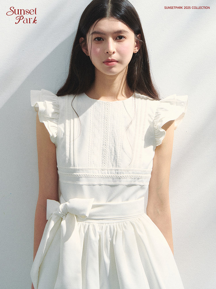 Butterfly-Sleeve Pleated Dress With Bow Waist